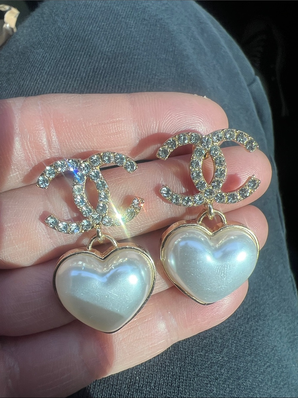 CHANEL Gold Crystal CC with Pearl Heart Drop Earrings